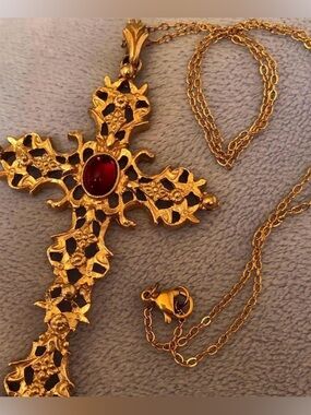Vintage Avon Abbey Cross Pendant Necklace Gold tone filigree with Red Stone